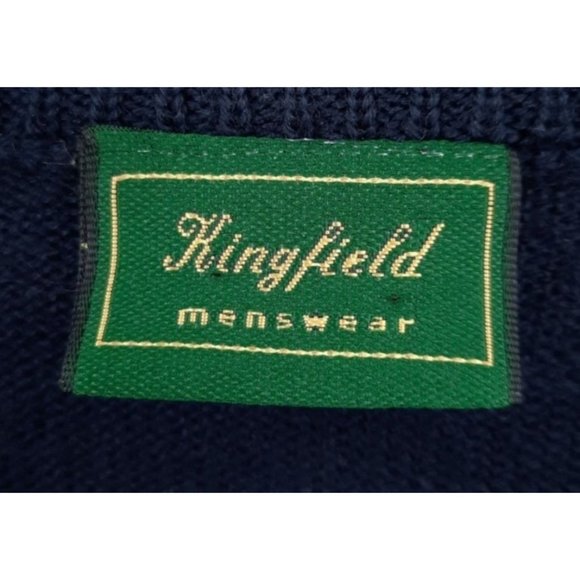 VTG 90s Kingfield Navy Blue Wool V-Neck Geometric Embroidered Velvet Sweater L - Picture 6 of 10